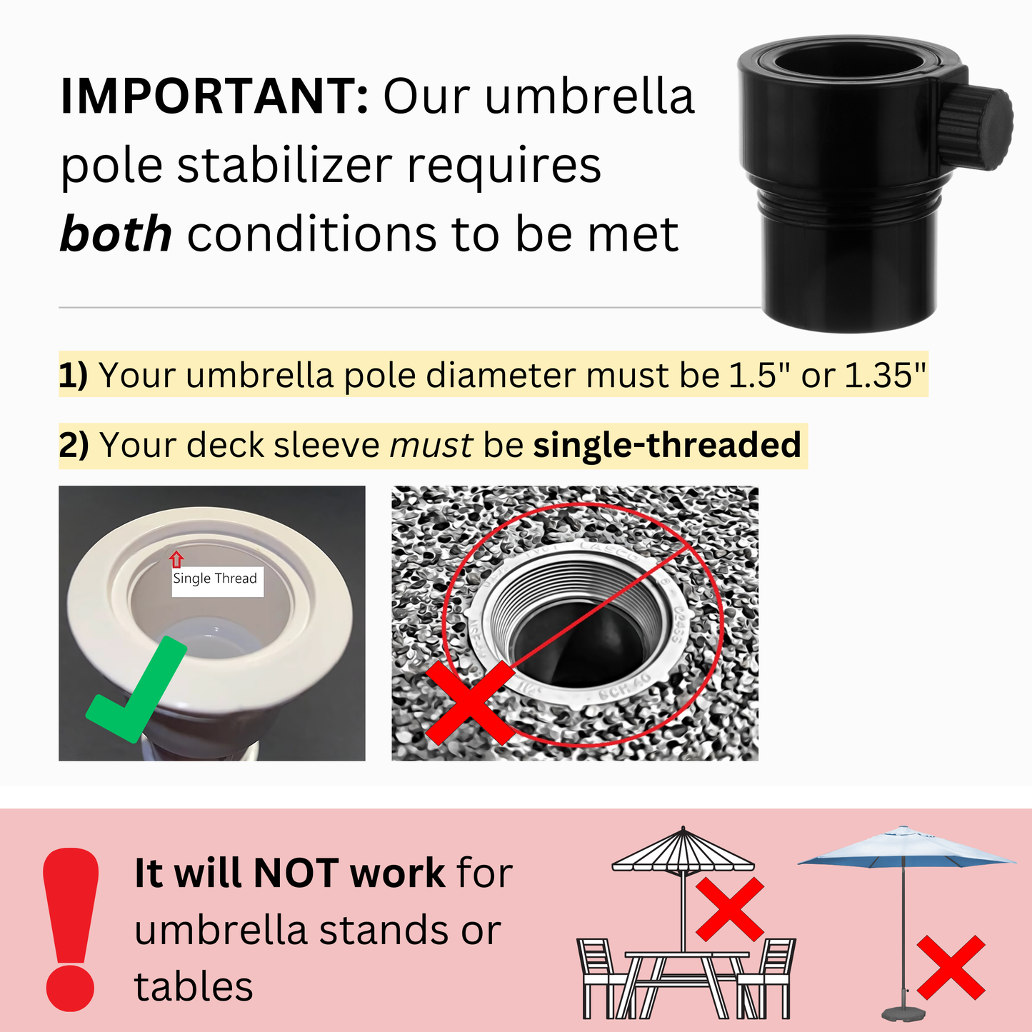 Umbrella Pole Stabilizer reducer threaded adapter insert for Baja Deck Pool Sleeves