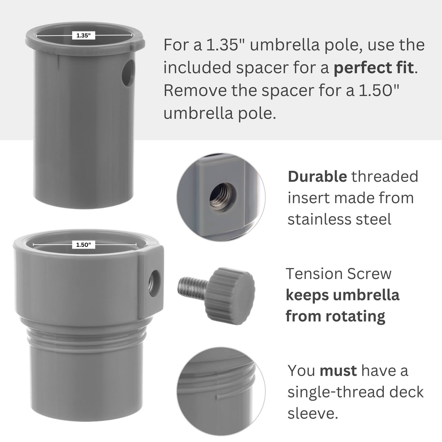 Umbrella Pole Stabilizer reducer threaded adapter insert for Baja Deck Pool Sleeves